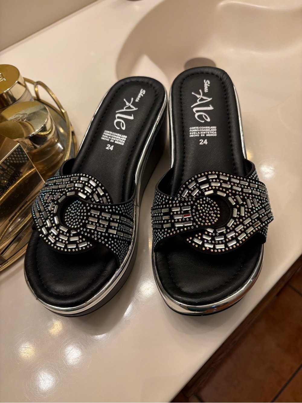 Black Embellished Slide Mules with Silver Trim